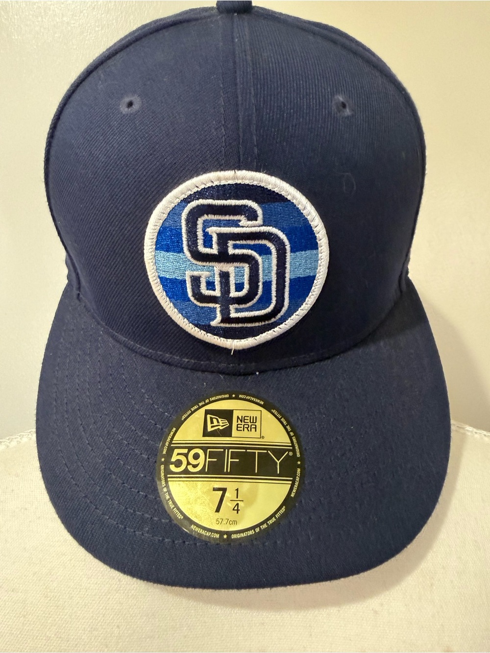 New Era Navy Blue Padres Fitted Cap with Light & Medium Blue Logo Stripes